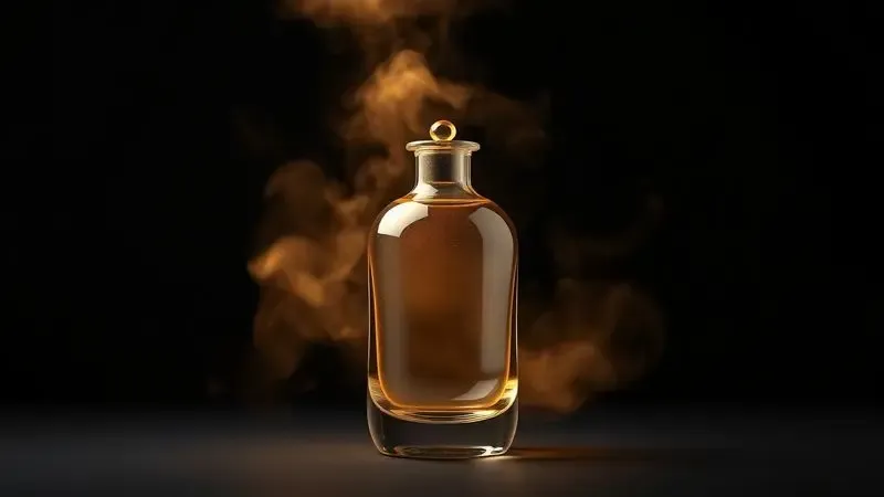 Ilustração conceitual de uma névoa dourada brilhante saindo de um frasco de vidro, simbolizando a longa fixação e projeção do aroma.