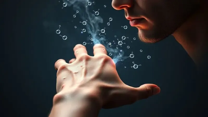 Representação visual conceitual da projeção de uma fragrância na pele como uma aura luminosa e invisível.