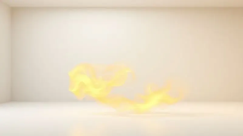 Renderização 3D de uma névoa dourada suave e partículas de brilho representando a fixação e projeção de um perfume.