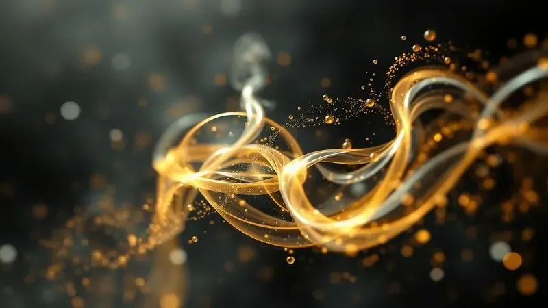 Representação artística e abstrata de partículas de perfume e fumaça dourada simbolizando a fixação e projeção da fragrância.