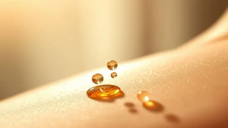 Ilustração artística de gotas de perfume sobre a pele com luz solar suave, representando a fixação e durabilidade da fragrância.