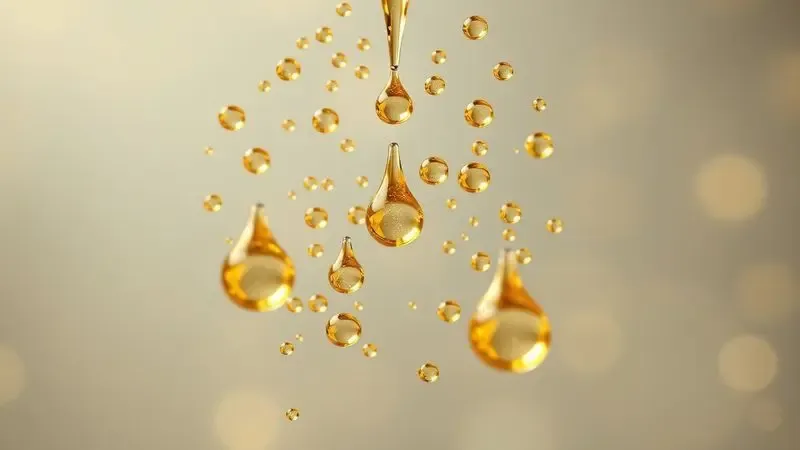 Renderização 3D conceitual de gotas douradas concentradas representando a densidade e fixação de um perfume elixir.