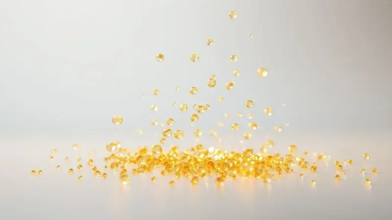 Renderização 3D conceitual de partículas douradas simbolizando a fixação e durabilidade de um perfume na pele.