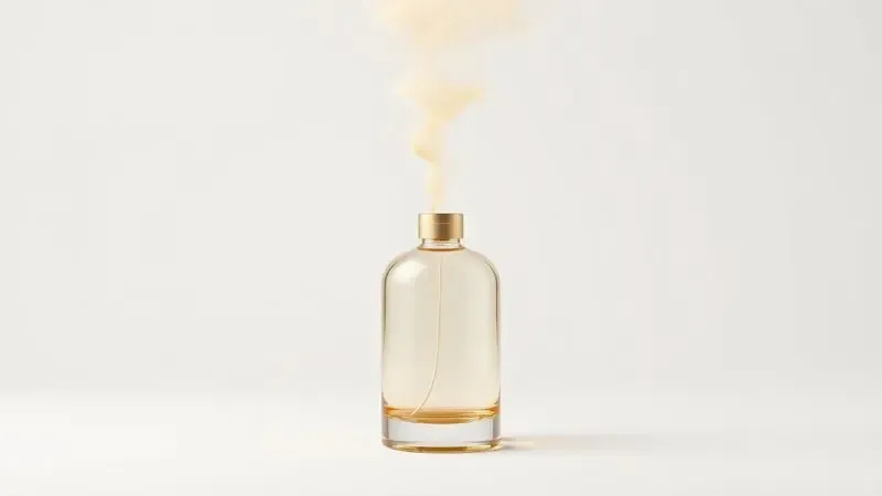Representação visual conceitual da projeção e fixação de uma fragrância através de uma névoa dourada e suave saindo de um frasco elegante.