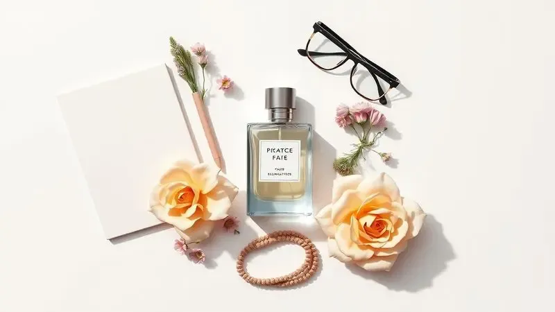 Composição artística com frascos genéricos de perfume e elementos que representam diferentes momentos do dia.