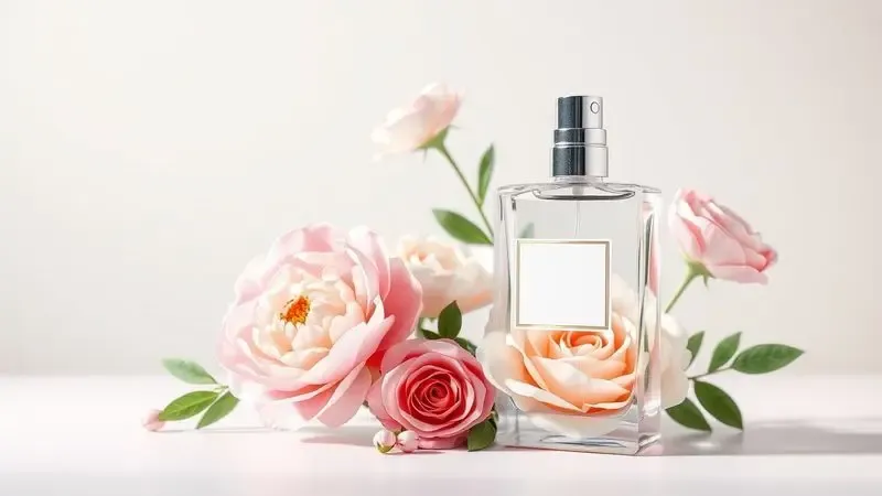 Ilustração 3D conceitual com peônias e rosas frescas ao lado de um frasco de perfume de cristal em tons pastéis suaves.