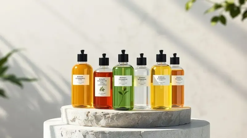 Renderização digital de diferentes frascos conceituais de perfumes para cabelo em um pedestal de pedra.