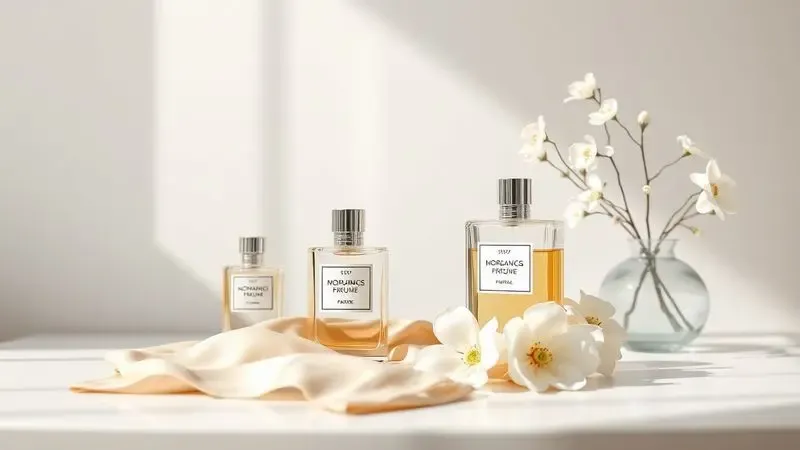 Renderização 3D de uma penteadeira elegante com frascos de perfume e acessórios em um ambiente iluminado.