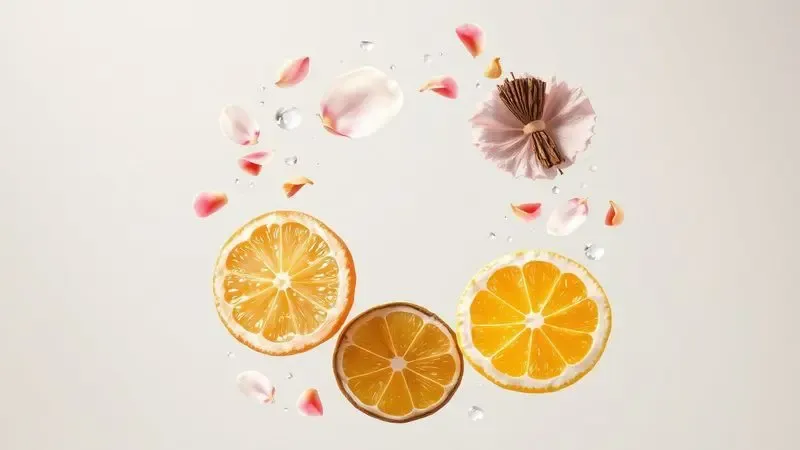 Composição artística de pétalas de rosas, madeira de cedro e frutas cítricas flutuando em um design circular de famílias olfativas.