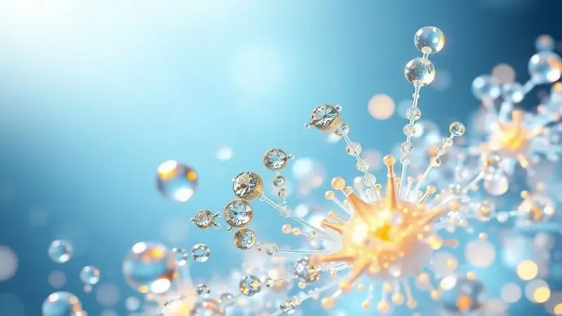Renderização 3D conceitual de gotas e cristais simbolizando a fixação e a longevidade da fragrância na pele.
