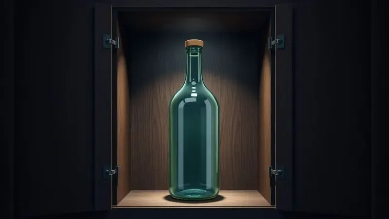 Ilustração digital de um frasco de perfume sendo guardado em um armário escuro e elegante para o processo de maceração.