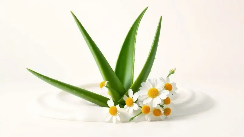 Ilustração digital de folha de aloe vera e flores de camomila próximas a um redemoinho de creme branco hidratante calmante.
