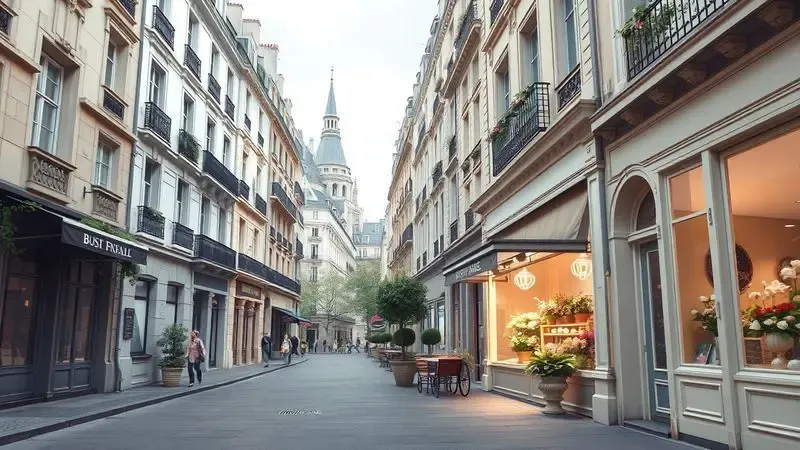 Ilustração artística de uma rua parisiense elegante com flores, evocando a sofisticação e o estilo da perfumaria francesa.