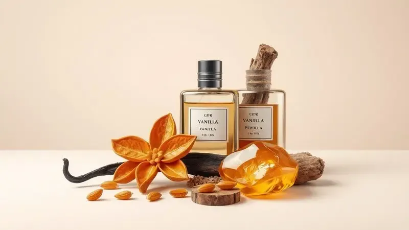 Ilustração digital artística de ingredientes de alta perfumaria como baunilha, âmbar e madeiras nobres em uma composição luxuosa.
