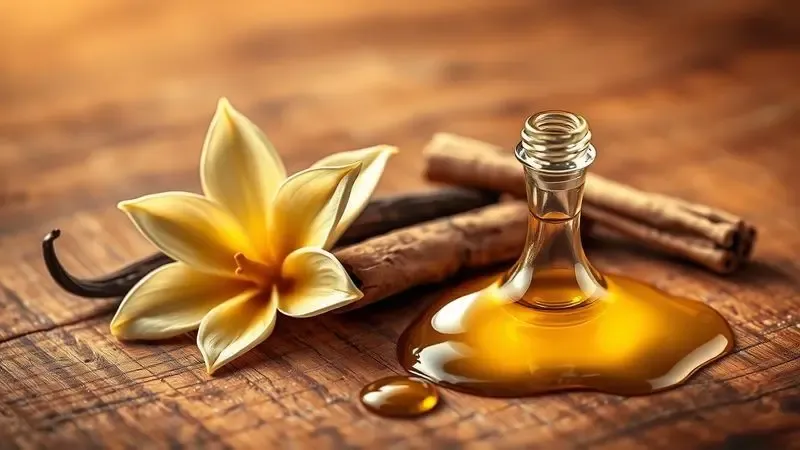 Ilustração de ingredientes exóticos como baunilha, especiarias e óleos dourados usados na perfumaria árabe tradicional.