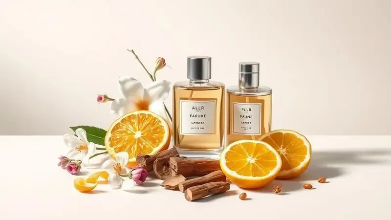 Ilustração digital realista de ingredientes naturais de perfumes como flores, citrinos e madeiras sobre fundo suave.