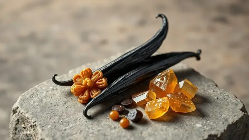 Arranjo artístico de ingredientes naturais como resina de labdanum, favas de baunilha e cristais de benjoim.