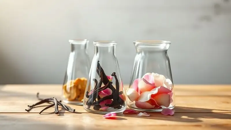 Elementos botânicos naturais e equipamentos de vidro em uma composição orgânica sobre ingredientes de perfumaria.