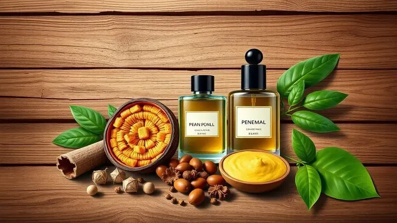 Ingredientes naturais como madeira e folhas verdes representando a essência da perfumaria masculina brasileira.
