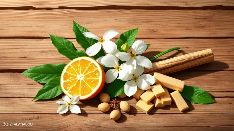Ilustração detalhada de ingredientes mediterrâneos como bergamota e jasmim dispostos de forma artística.
