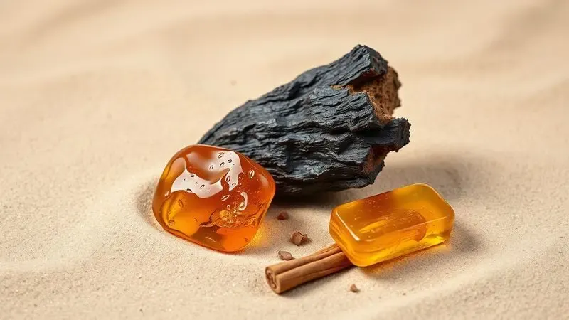 Renderização 3D artística de resina de âmbar, pedaços de madeira de oud e paus de canela sobre um fundo de areia neutra.