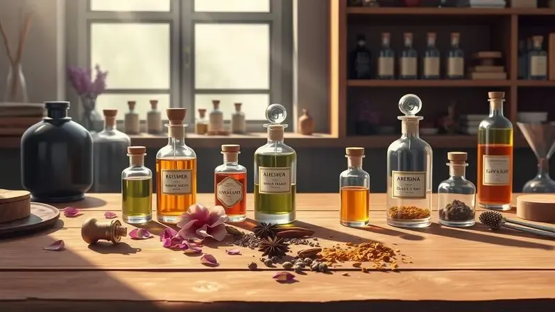 Ilustração digital de ingredientes de perfumaria fina como pétalas de flores e especiarias em uma mesa de trabalho de perfumista.