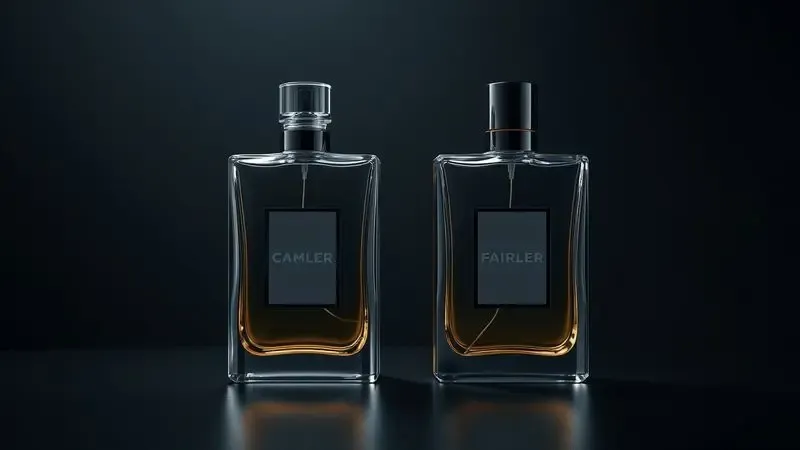 Comparação artística entre dois frascos de perfume abstratos em fundo escuro sofisticado para ilustrar o conceito de contratipo.