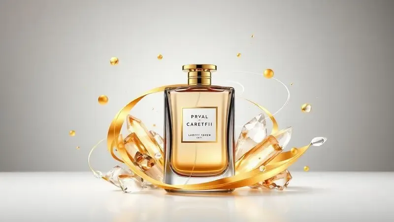 Ilustração conceitual de um perfume de luxo com elementos dourados simbolizando o valor e a durabilidade das fragrâncias importadas.