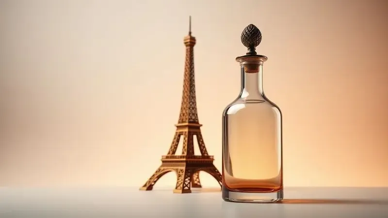 Ilustração conceitual unindo um frasco clássico e a Torre Eiffel simbolizando o legado da perfumaria francesa.