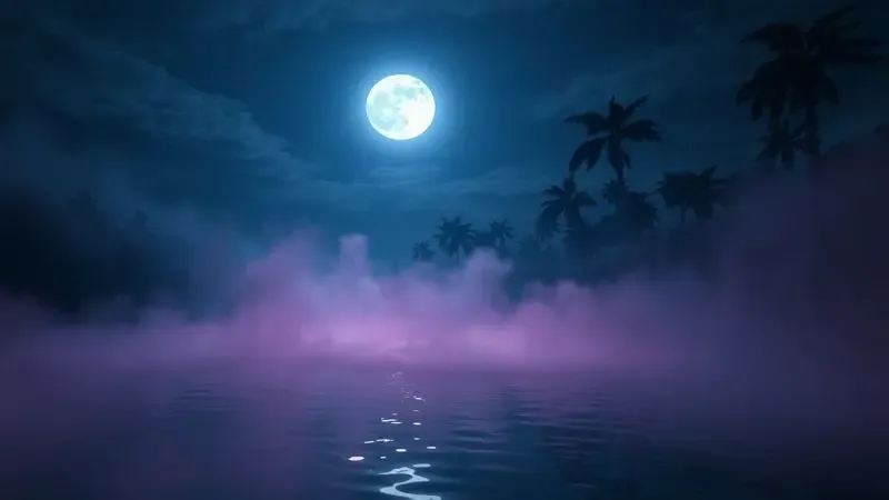 Representação artística de um rio amazônico místico sob a luz do luar com névoa suave e tons rosados.