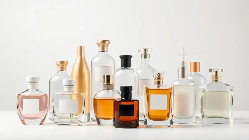 Ilustração digital de diversos frascos de perfumes minimalistas dispostos de forma artística em uma superfície organizada.