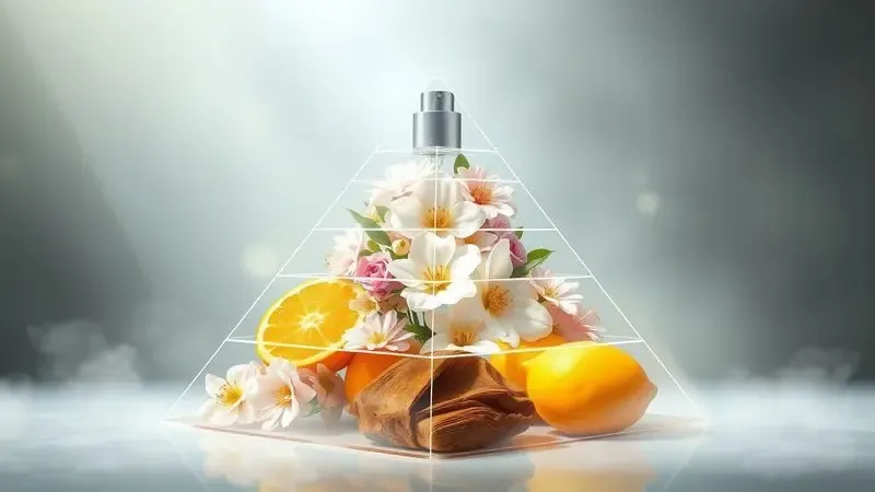 Ilustração digital conceitual de uma pirâmide olfativa com elementos de frutas cítricas, flores delicadas e madeiras nobres.
