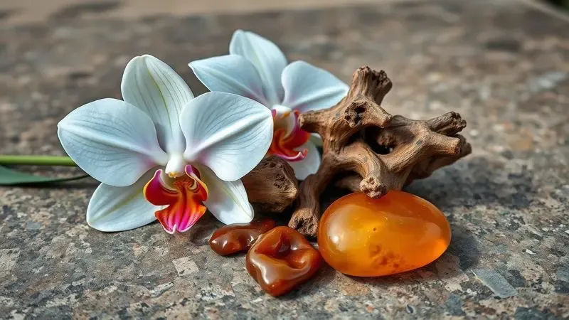 Renderização 3D de matérias-primas raras como madeiras nobres e flores exóticas usadas na perfumaria de luxo.