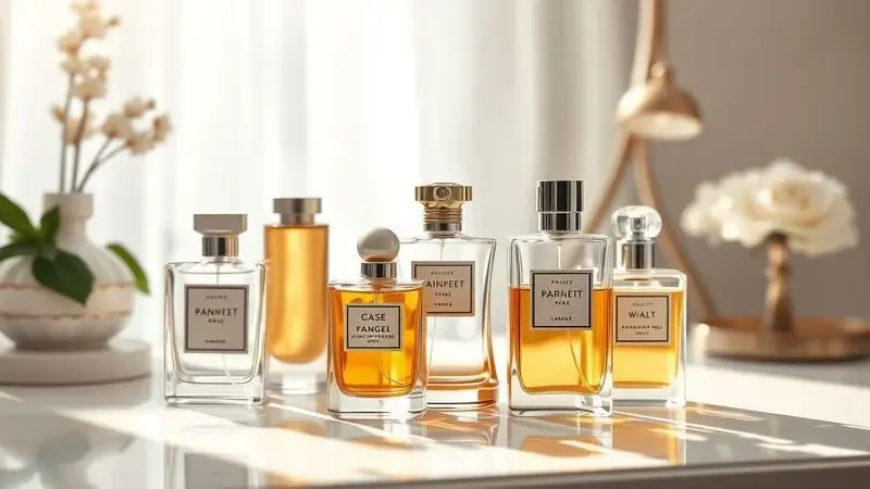 Coleção artística de frascos de perfume elegantes sobre uma penteadeira organizada, iluminada pela luz suave da manhã.
