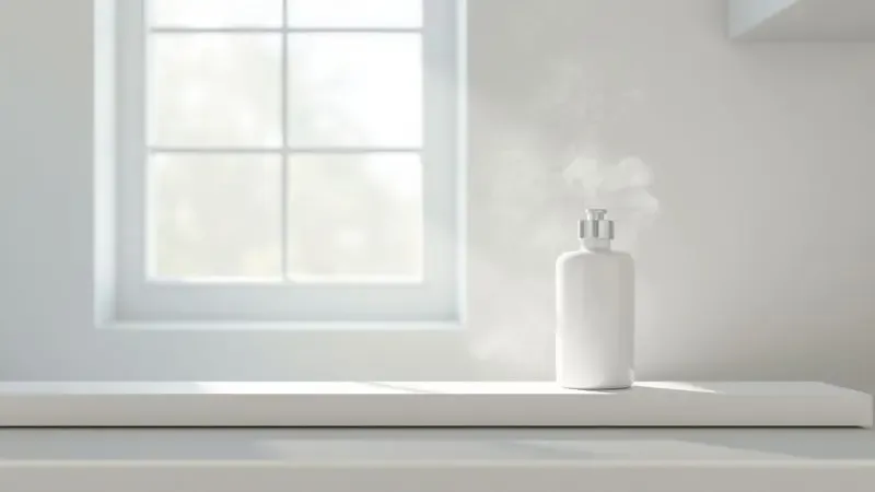 Renderização 3D de um frasco de hidratante em uma prateleira de banheiro com vapor suave, sugerindo o uso após o banho.