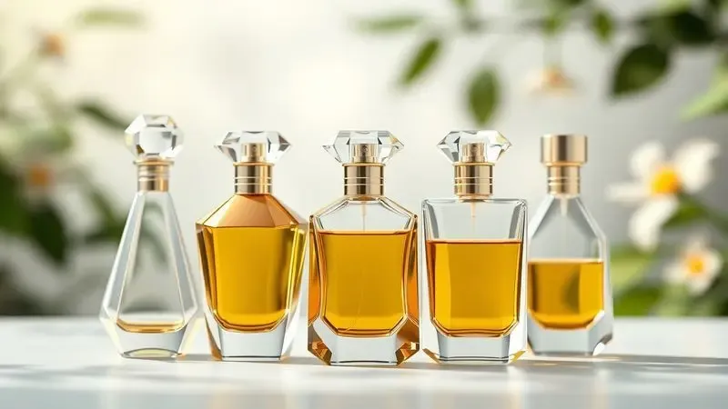 Ilustração 3D de diversos frascos de perfume estilizados com diferentes formas geométricas representando a diversidade de fragrâncias.