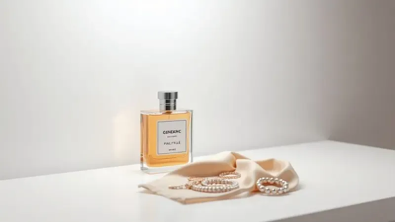 Cena conceitual de uma penteadeira minimalista com frasco de perfume genérico e acessórios sugerindo uma noite especial.