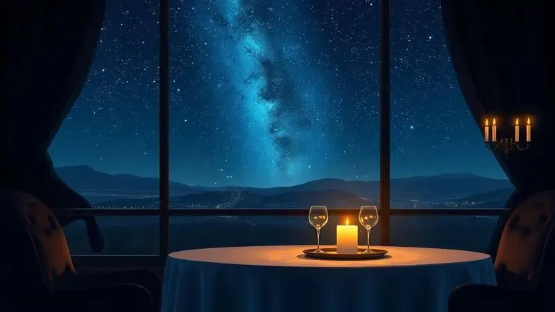 Cena conceitual digital de um jantar elegante à luz de velas sob um céu estrelado, evocando mistério noturno.