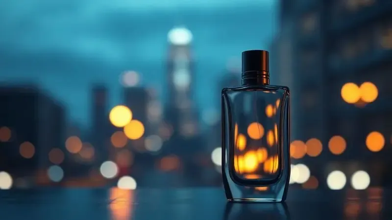 Cena conceitual noturna com luzes suaves de cidade ao fundo sugerindo o uso de perfume em eventos à noite.