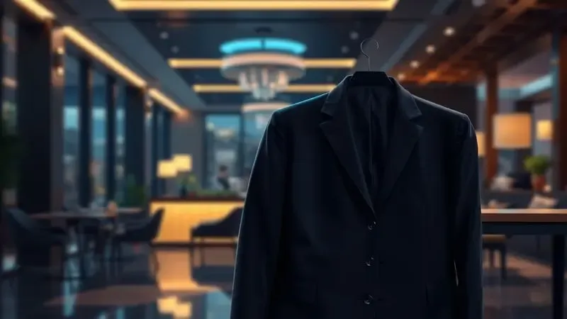 Cena conceitual de um traje masculino sofisticado em um ambiente noturno luxuoso e desfocado, sugerindo elegância.