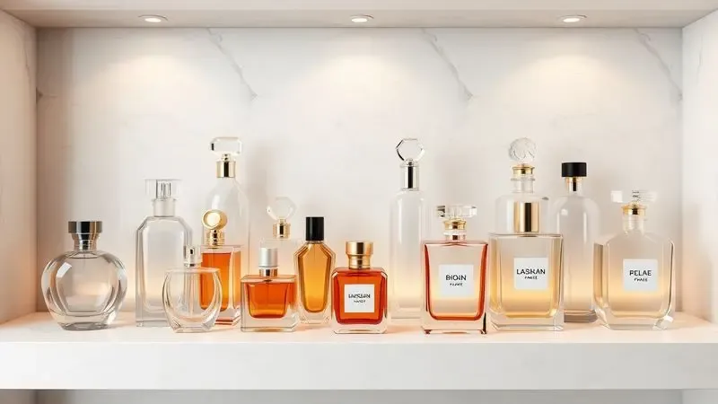 Conjunto de frascos de perfumes elegantes e sem logotipos em uma prateleira moderna, representando opções de fragrâncias similares.
