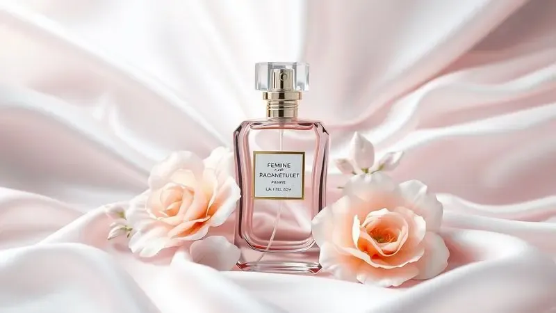 Ilustração digital de um frasco de perfume feminino elegante cercado por flores delicadas em tons pastéis.