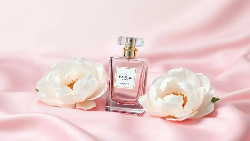 Frasco de perfume elegante em cima de seda rosa com flores brancas, ilustrando fragrâncias femininas luxuosas.