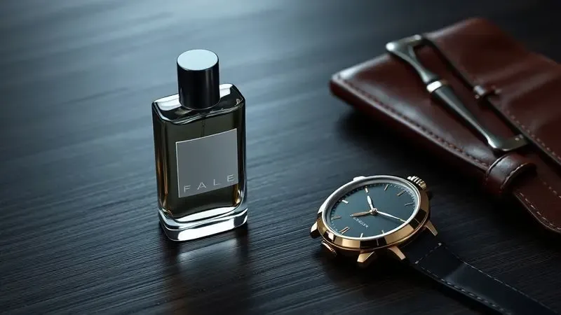 Renderização 3D de um perfume masculino minimalista em uma superfície de madeira escura com acessórios masculinos clássicos.