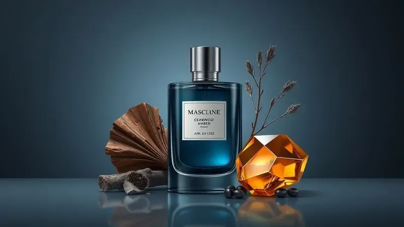 Representação artística de fragrância masculina com notas de madeira de cedro e âmbar.