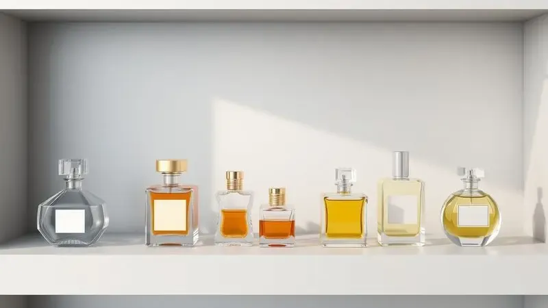 Renderização 3D de frascos de perfume em miniatura com design minimalista em uma prateleira moderna.