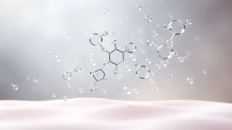 Renderização 3D de moléculas de fragrância flutuando sobre uma superfície suave, simbolizando a fixação do perfume.