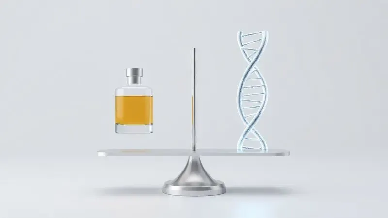 Uma balança equilibrando um frasco de perfume conceitual e um símbolo de DNA, representando mitos e verdades.