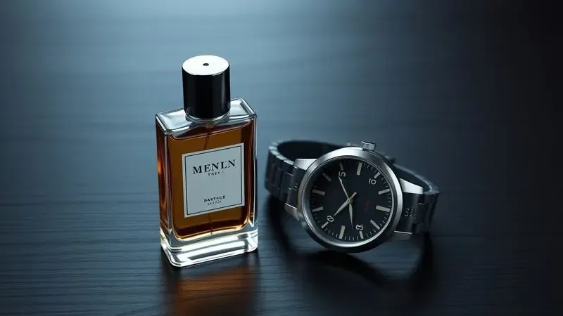 Ilustração editorial de um perfume masculino elegante e minimalista em um ambiente sofisticado com tons neutros.