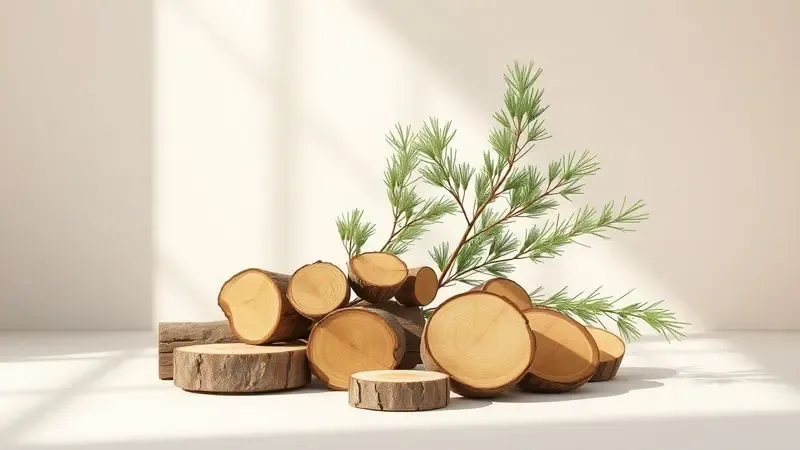 Renderização 3D de troncos de sândalo e ramos de cedro em uma composição minimalista e elegante.